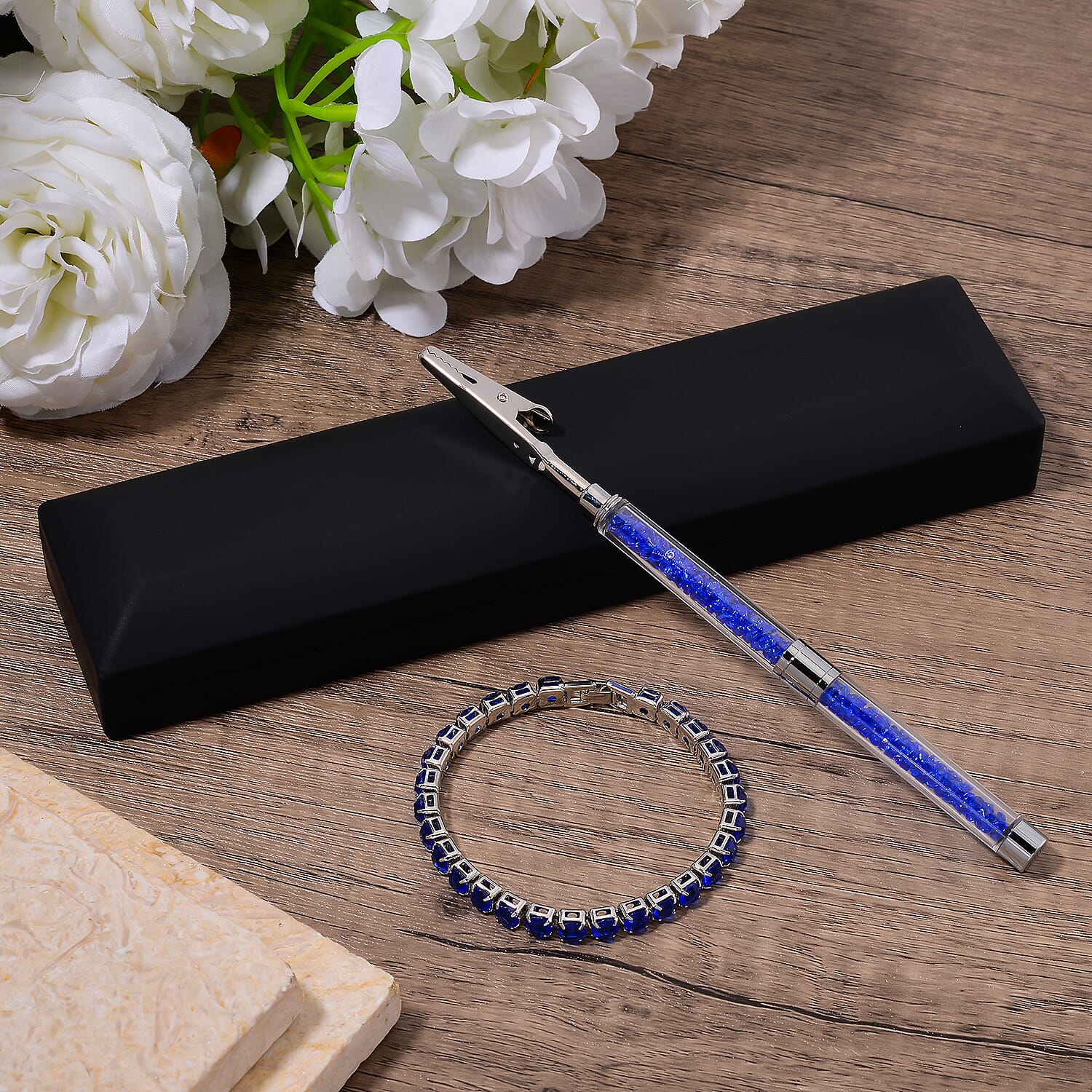 2 Piece Set - Austrian Sapphire Blue Color Crystal Bracelet (Size 7.5) & Bracelet Buddy 70.00 Ct.