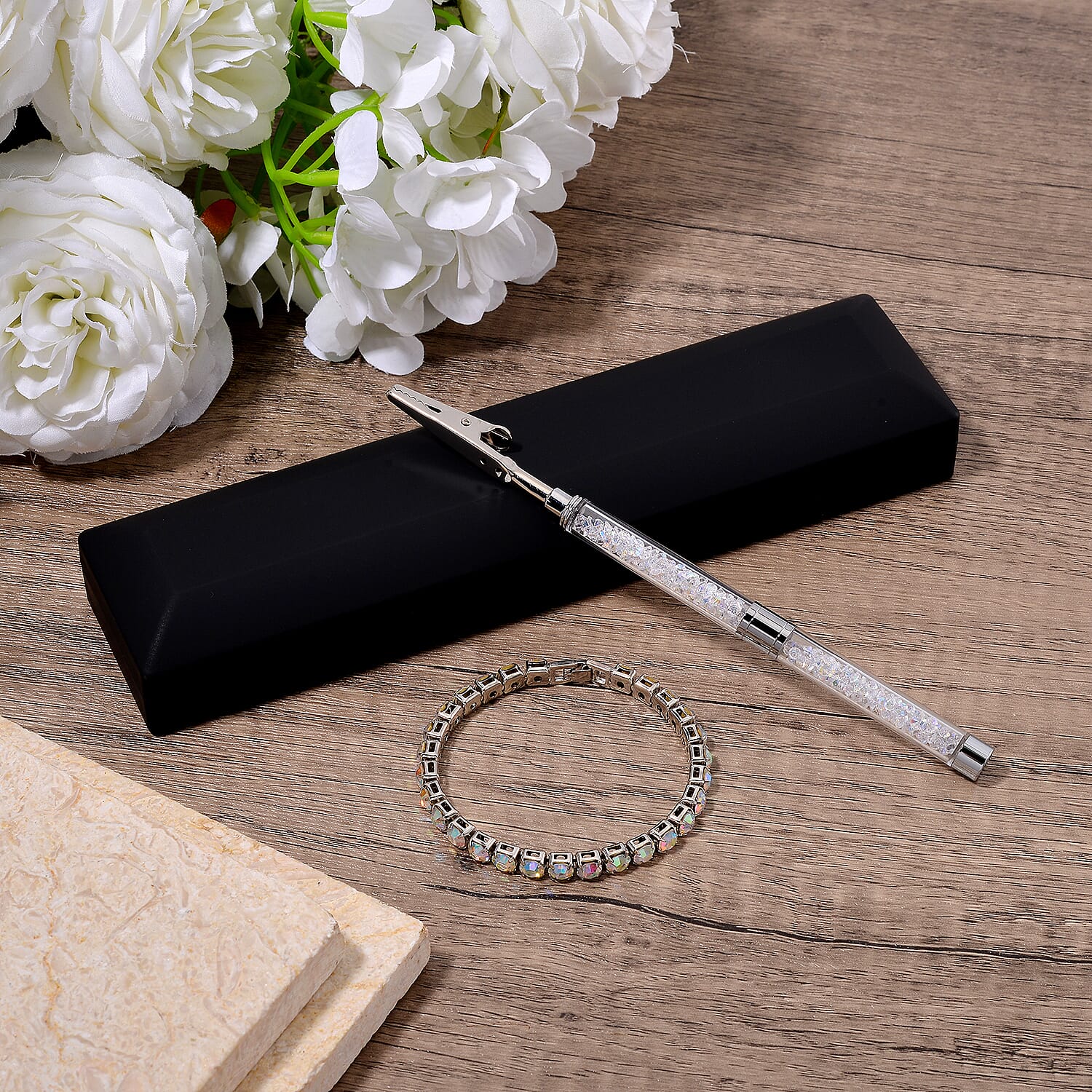 2 Piece Set - Simulated Mystic White Crystal Bracelet (Size 7.5) & Bracelet Buddy 70.00 Ct.