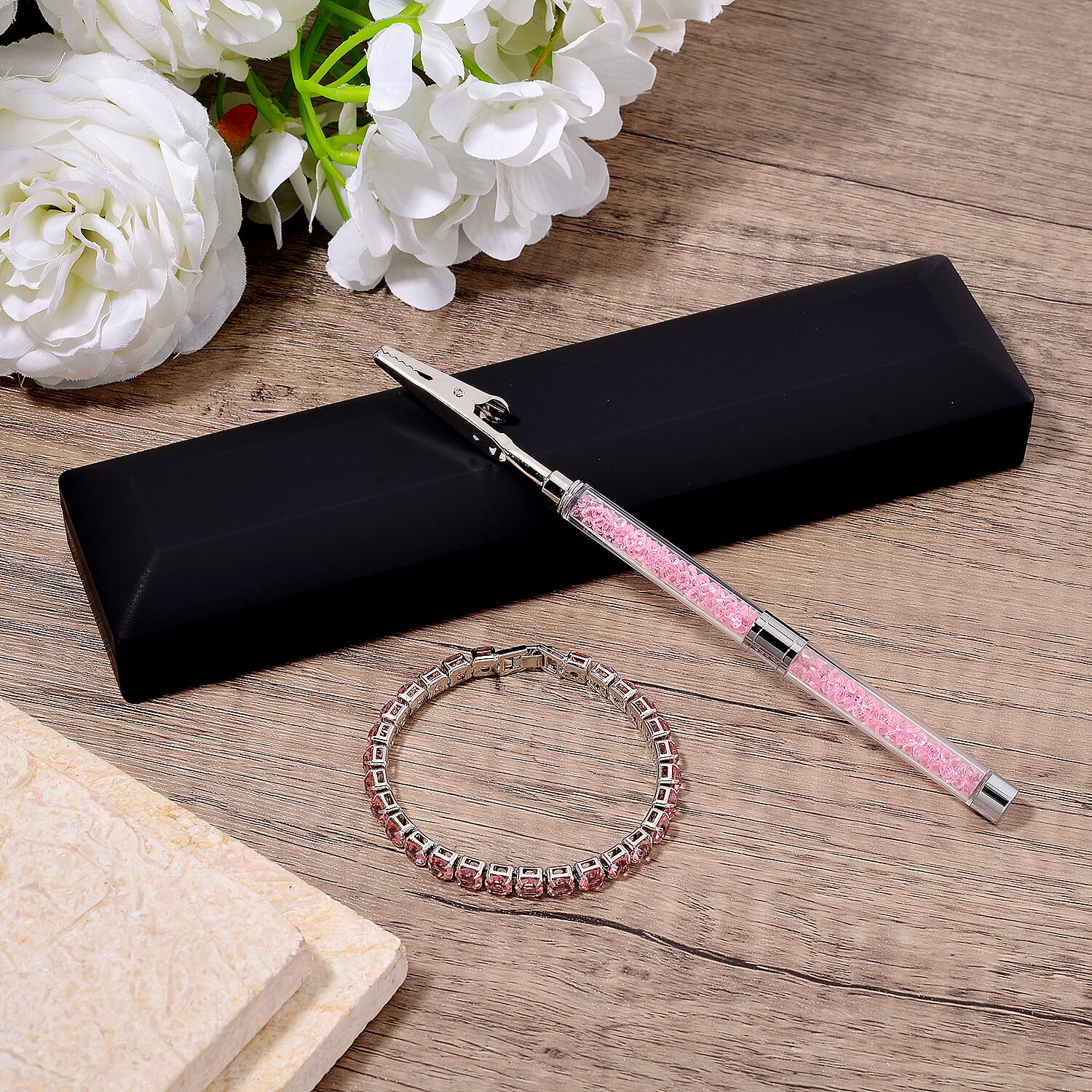 2 Piece Set - Austrian Pink Crystal Bracelet (Size 7.5) & Bracelet Buddy 70.00 Ct.