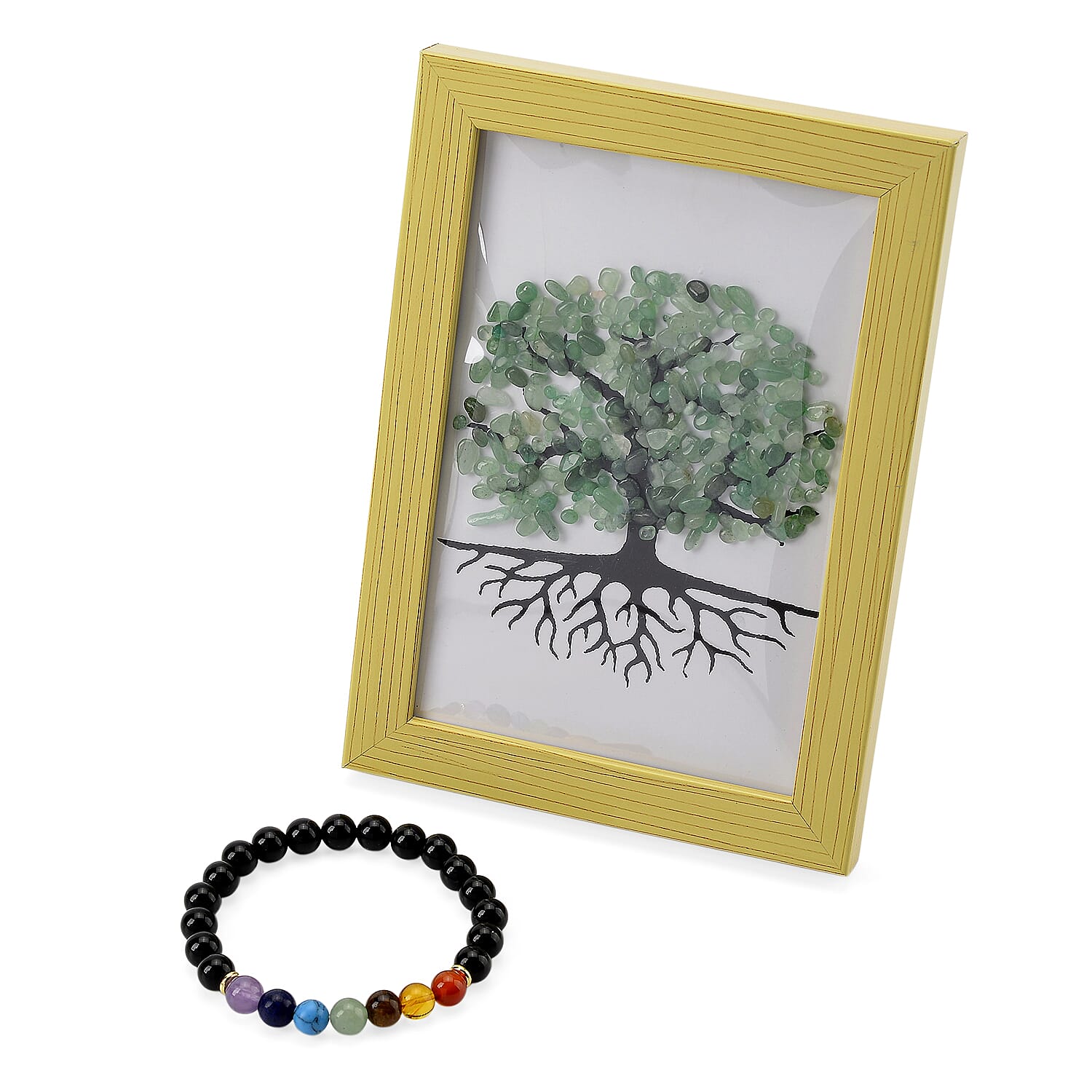 Tuscon Find Closeout Deal - 2 Piece Set - Framed Gemstone Tree of Life - Green Aventurine, Multi Gemstone with Seven Chakra Gemstone Bracelet (Size 7.5 Stretchable) 240.00 Ct.