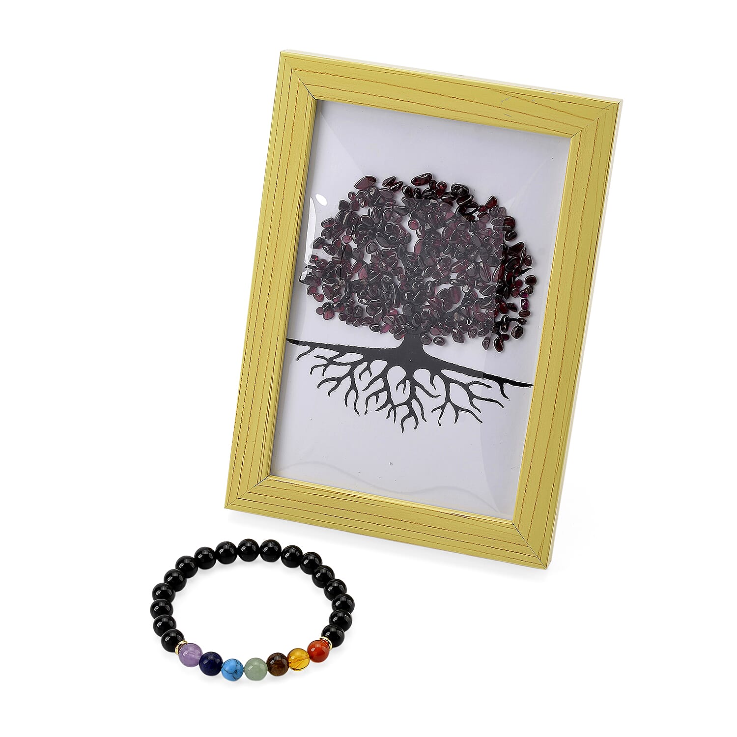 Tuscon Find Closeout Deal - 2 Piece Set -  Framed Gemstone Tree of Life - Red Garnet, Multi Gemstone with Seven Chakra Gemstone Bracelet (Size 7.5 Stretchable) 240.00 Ct.