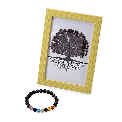 Tuscon Find Closeout Deal - 2 Piece Set -  Framed Gemstone Tree of Life - Red Garnet, Multi Gemstone with Seven Chakra Gemstone Bracelet (Size 7.5 Stretchable) 240.00 Ct.