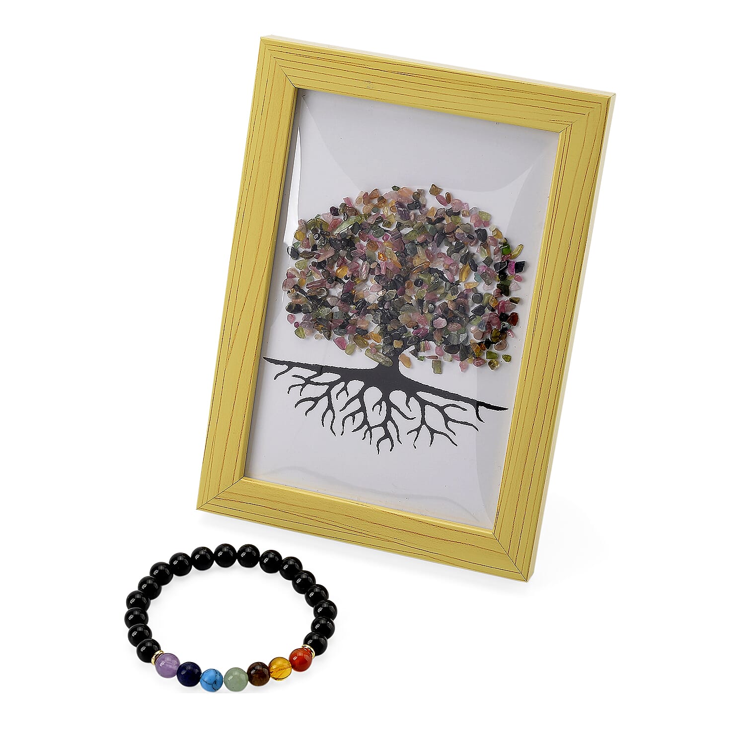 Tuscon Find Closeout Deal - 2 Piece Set - Framed Gemstone Tree of Life - Multi Tourmaline, Multi Gemstone with Seven Chakra Gemstone Bracelet (Size 7.5 Stretchable) 240.00 Ct.