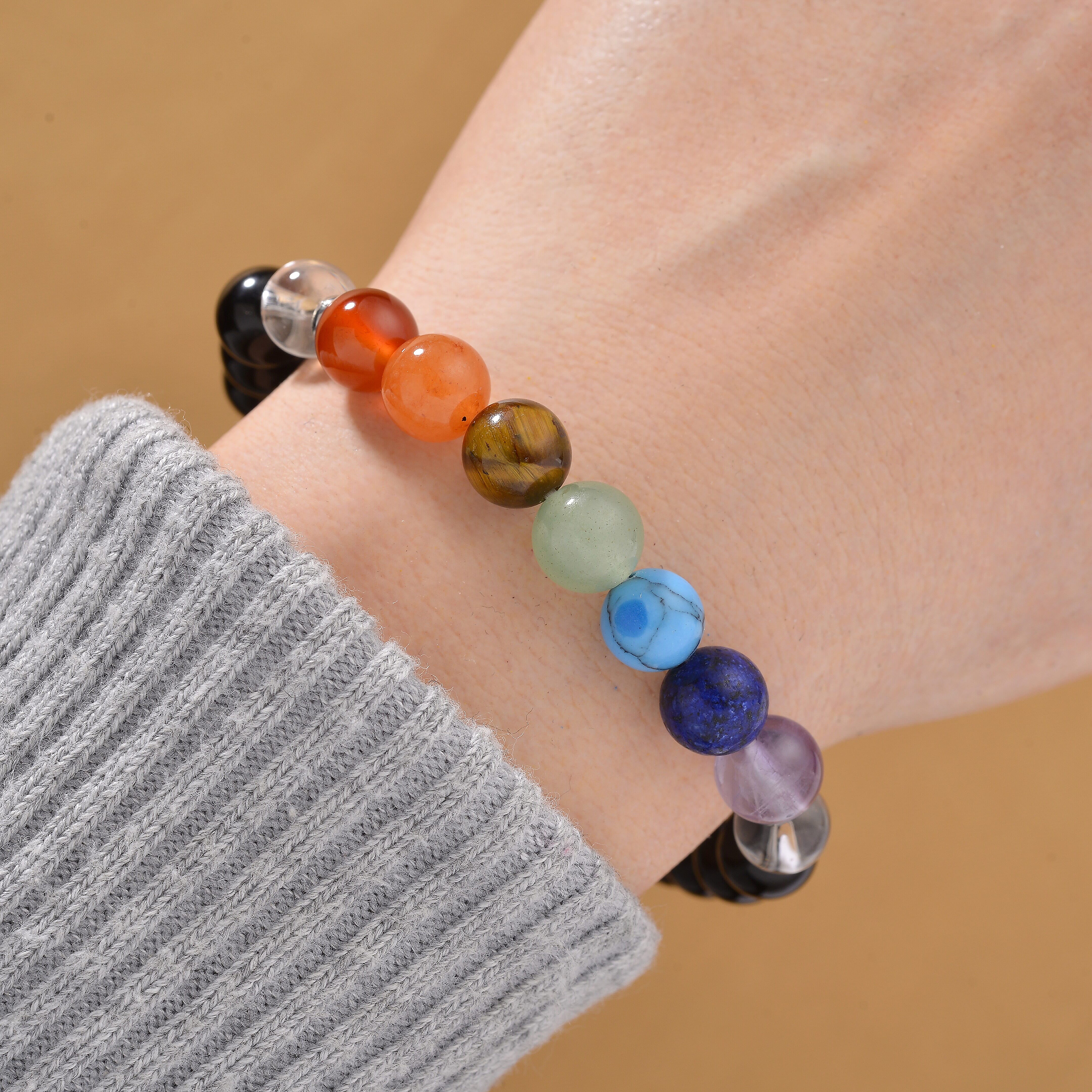 Tucson Find - 2 Piece Set - Framed Multi Gemstone & Seven Chakra Gemstone Bracelet (Size 7.5 Stretchable) 150.00 Ct.