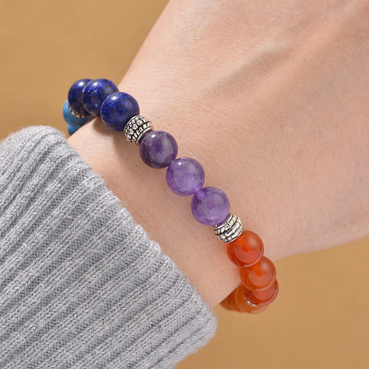 Tucson Find - 2 Piece Set - Framed Multi Gemstone and Seven Chakra Gemstone Bracelet (Size 7.5 Stretchable) 150.00 Ct.