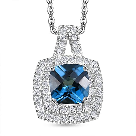 London Blue Topaz & White Zircon Pendant with Chain (Size 20) in Rhodium Overlay Sterling Silver 2.59 Ct.