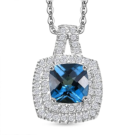 London Blue Topaz & White Zircon Pendant with Chain (Size 20) in Rhodium Overlay Sterling Silver 2.59 Ct.