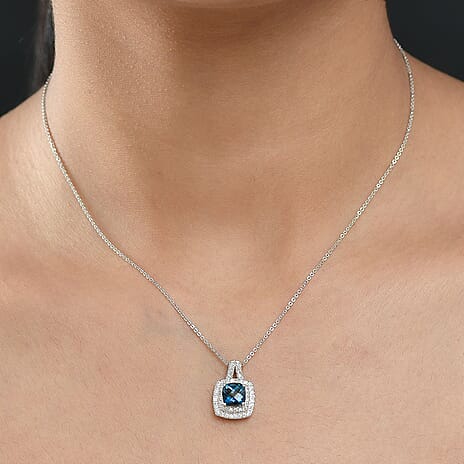 London Blue Topaz & White Zircon Pendant with Chain (Size 20) in Rhodium Overlay Sterling Silver 2.59 Ct.