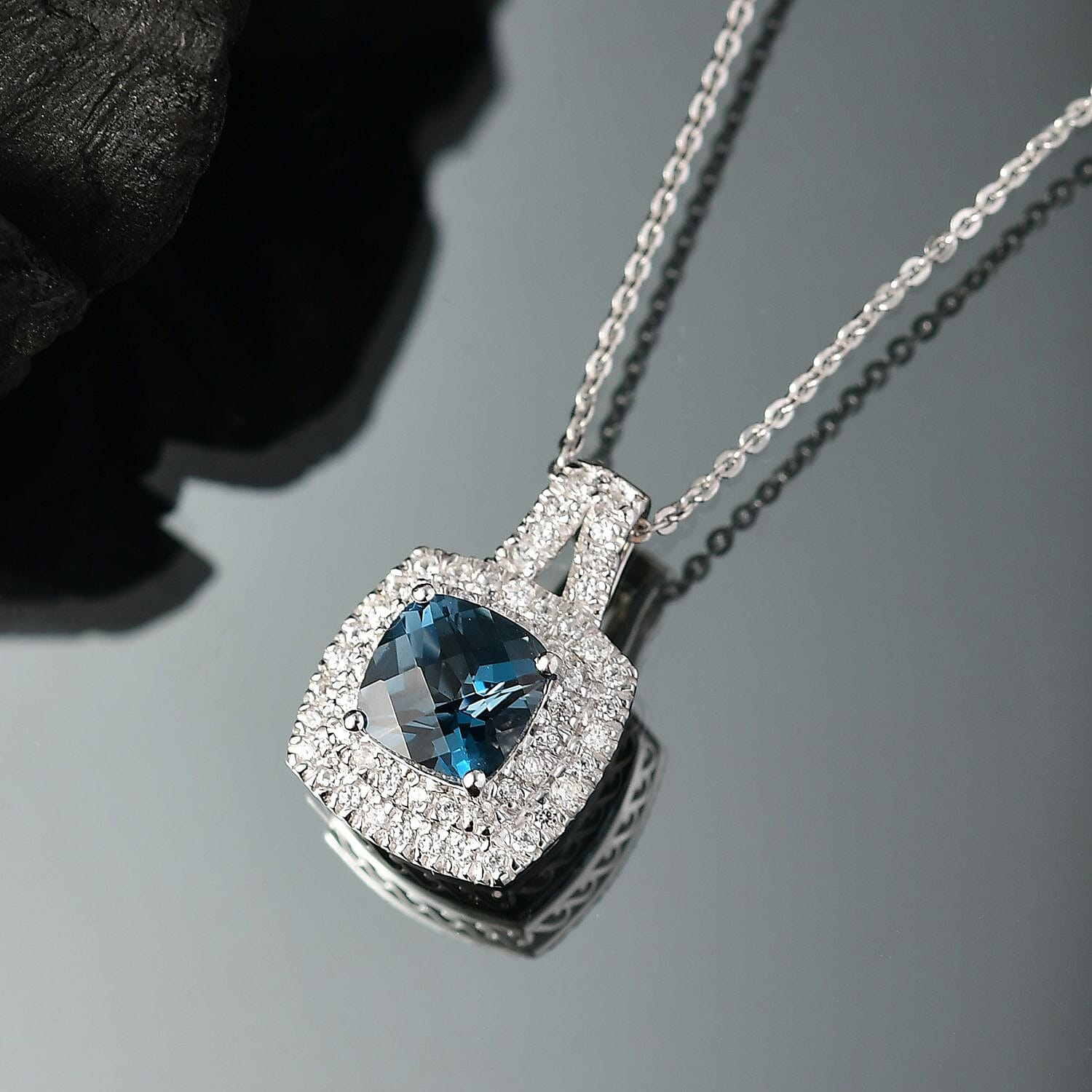 London Blue Topaz & White Zircon Pendant with Chain (Size 20) in Rhodium Overlay Sterling Silver 2.59 Ct.