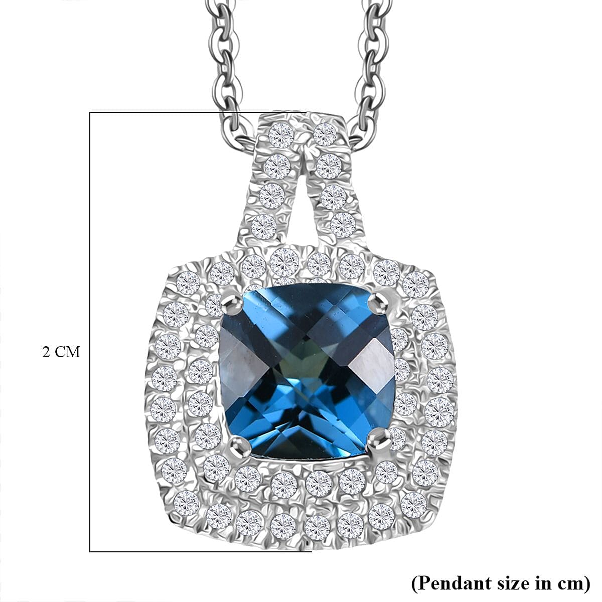 London Blue Topaz & White Zircon Pendant with Chain (Size 20) in Rhodium Overlay Sterling Silver 2.59 Ct.