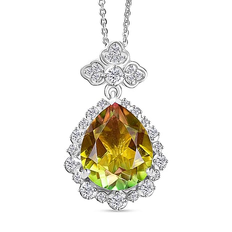D'joy Rainbow Genesis Quartz & White Zircon Floral Halo Pendant with Chain (Size 20) in Rhodium Overlay Sterling Silver 5.02 Ct.