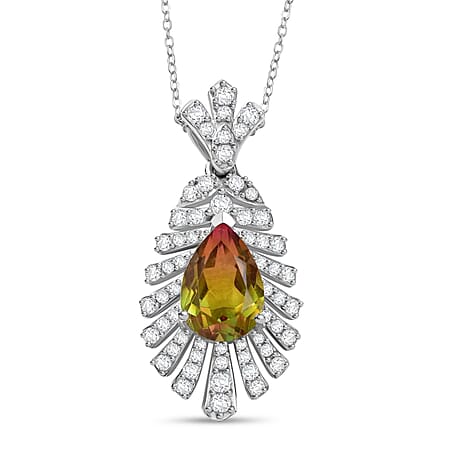 D'joy Rainbow Genesis Quartz & White Zircon Peacock Feather Pendant with Chain (Size 20) in Rhodium Overlay Sterling Silver 3.47 Ct.