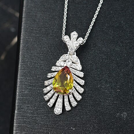 D'joy Rainbow Genesis Quartz & White Zircon Peacock Feather Pendant with Chain (Size 20) in Rhodium Overlay Sterling Silver 3.47 Ct.