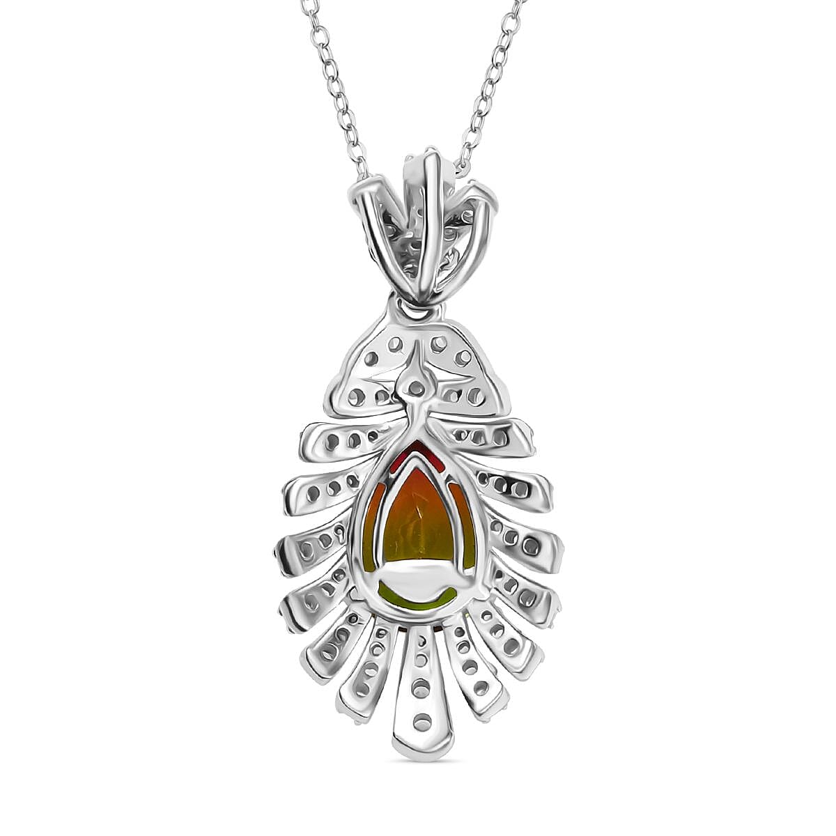 Djoy Rainbow Genesis Quartz & White Zircon Peacock Feather Pendant with Chain (Size 20) in Rhodium Overlay Sterling Silver 3.47 Ct. Djoy Rainbow Genesis Quartz & White Zircon Peacock Feather Pendant with Chain (Size 20) in Rhodium Overlay Sterling Silver 3.47 Ct.