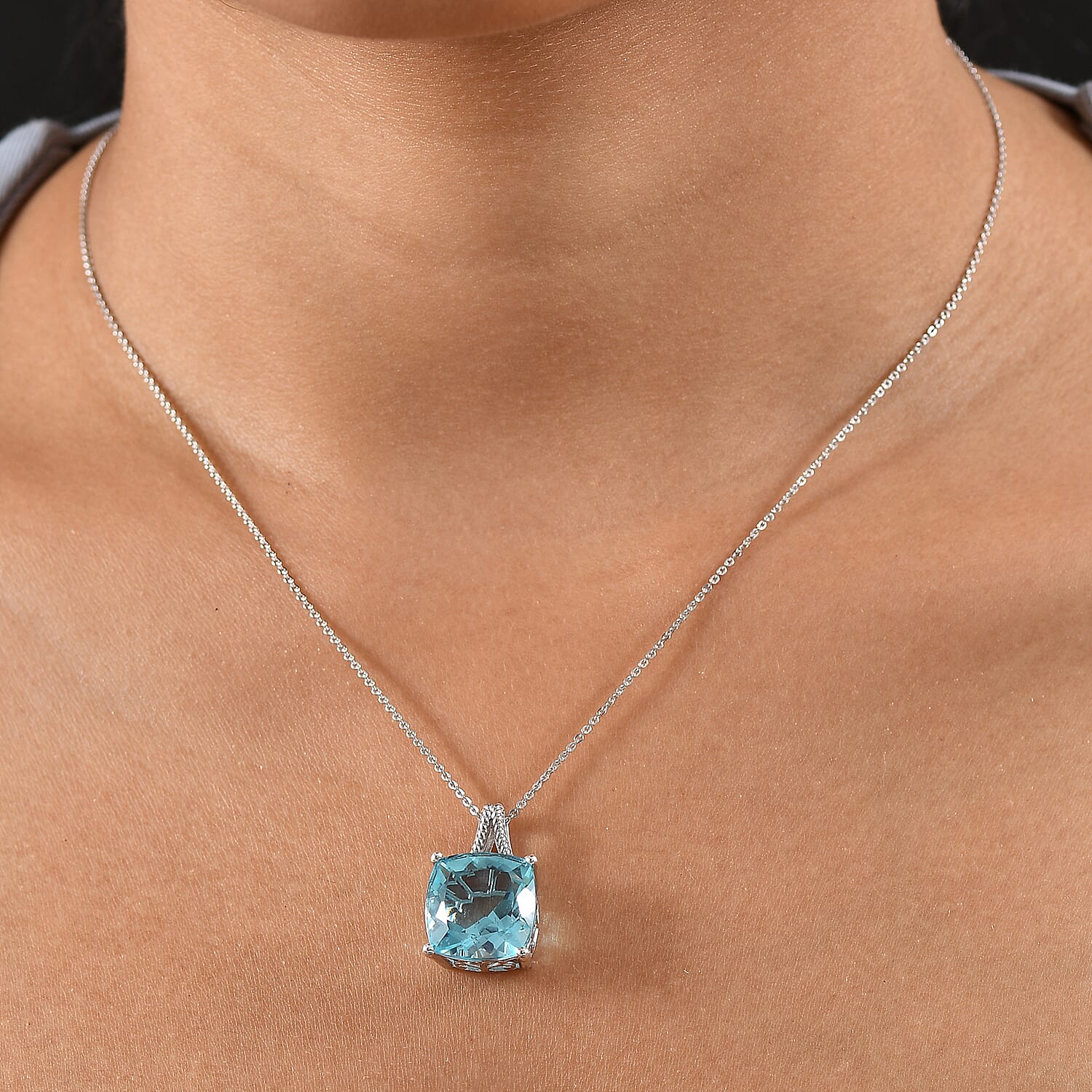 Radiant Glacier Quartz Pendant with Chain (Size 20) in Rhodium Overlay Sterling Silver 12.00 Ct.