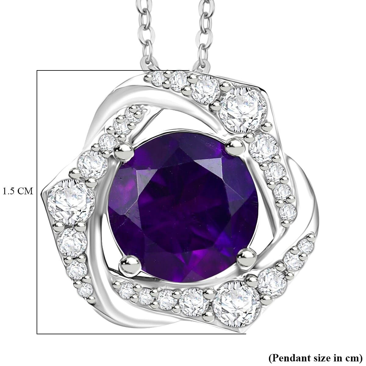 African Amethyst & White Zircon Pendant with Chain (Size 20) in Rhodium Overlay Sterling Silver 2.34 ct. African Amethyst & White Zircon Pendant with Chain (Size 20) in Rhodium Overlay Sterling Silver 2.34 ct.