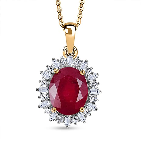 African Ruby & Lab Grown Diamond (SI-GH) Pendant with Chain (Size 20) in 18K Vermeil Yellow Gold Plated Sterling Silver 4.12 Ct.