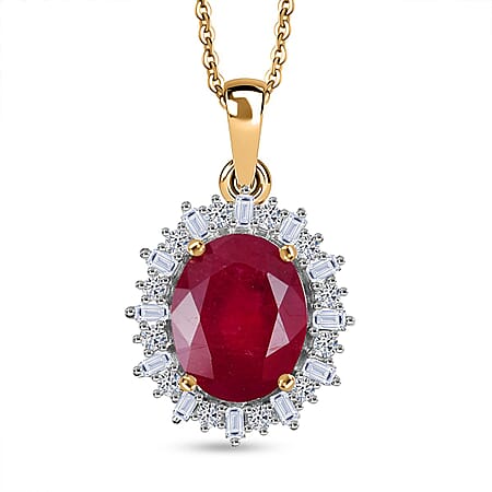 African Ruby & Lab Grown Diamond (SI-GH) Pendant with Chain (Size 20) in 18K Vermeil Yellow Gold Plated Sterling Silver 4.12 Ct. African Ruby & Lab Grown Diamond (SI-GH) Pendant with Chain (Size 20) in 18K Vermeil Yellow Gold Plated Sterling Silver 4.12 Ct.