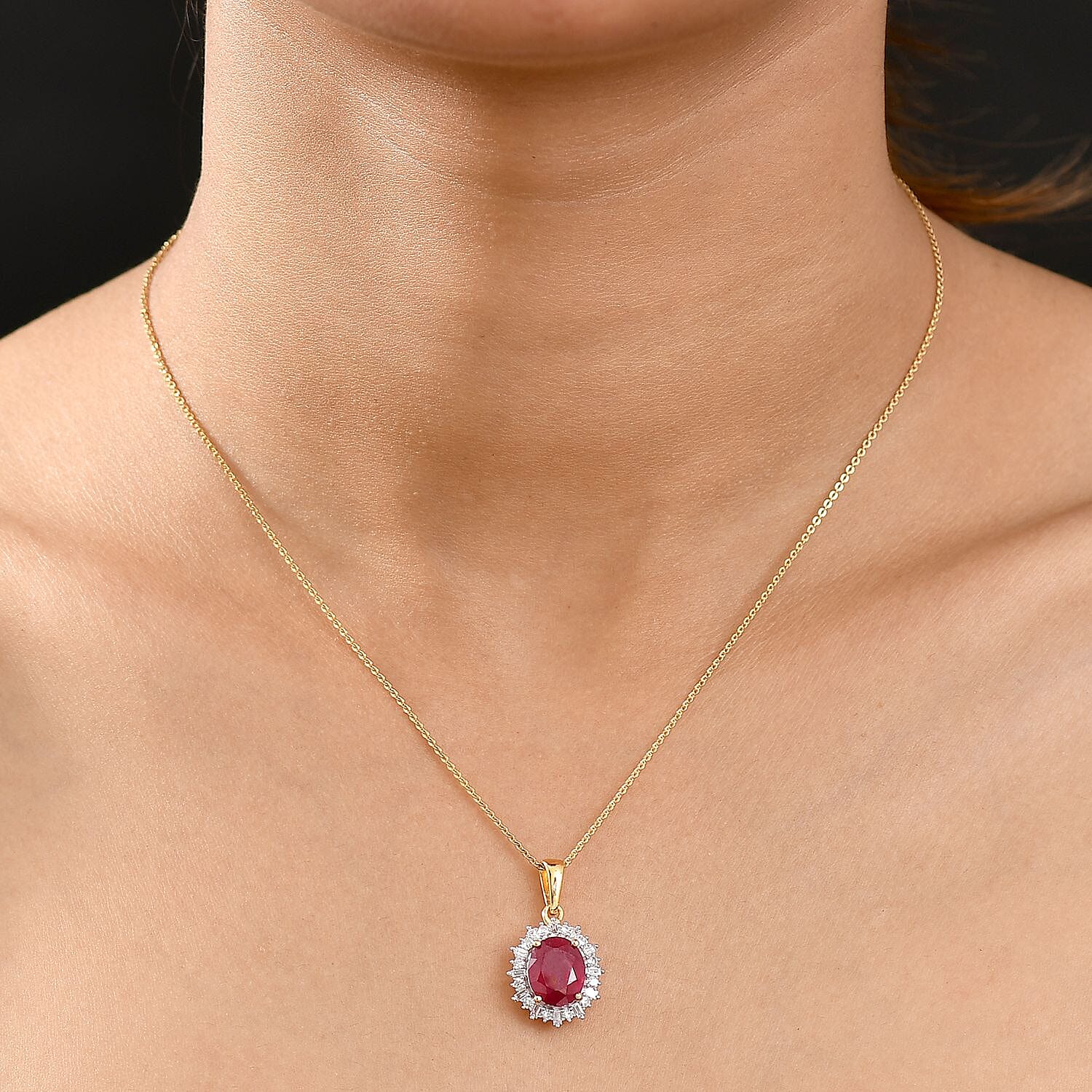 African Ruby & Lab Grown Diamond (SI-GH) Pendant with Chain (Size 20) in 18K Vermeil Yellow Gold Plated Sterling Silver 4.12 Ct.