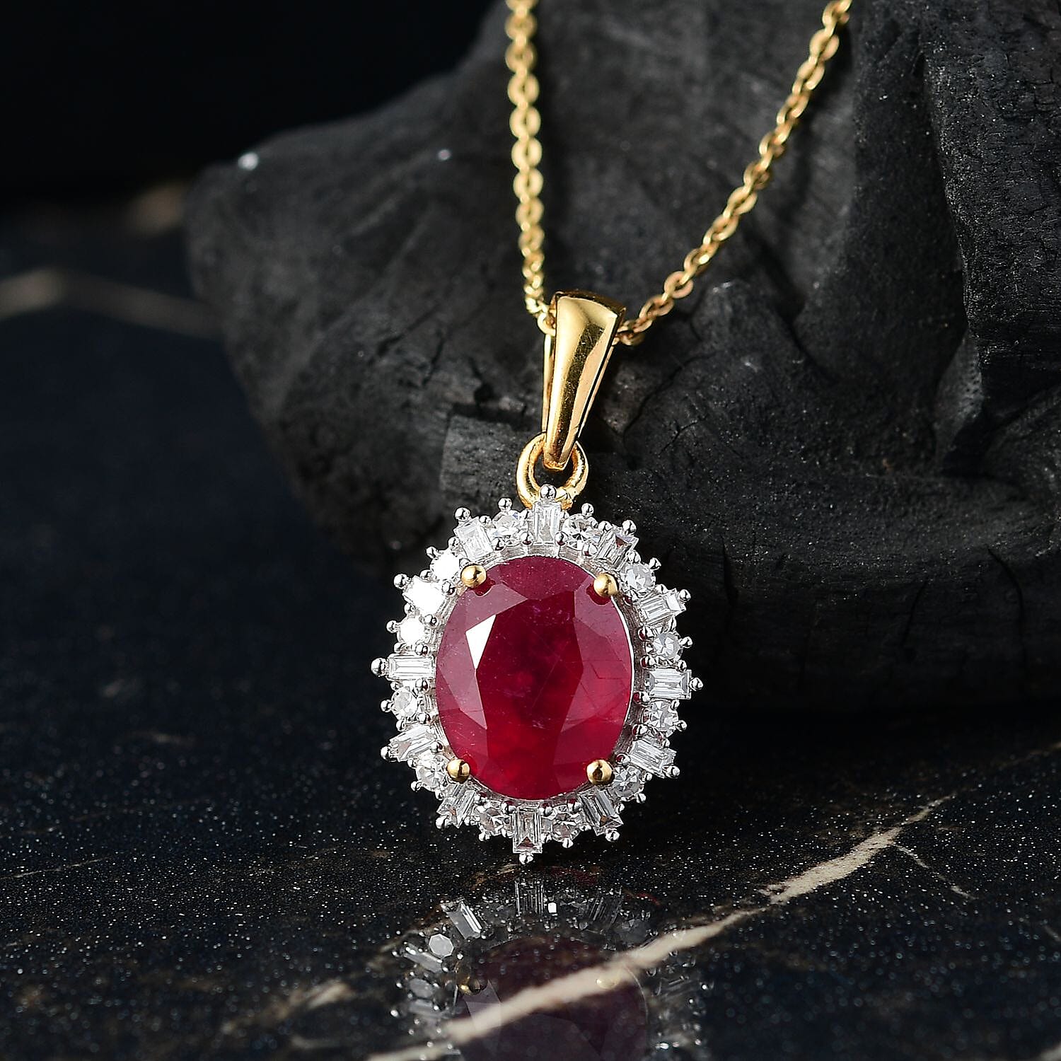 African Ruby & Lab Grown Diamond (SI-GH) Pendant with Chain (Size 20) in 18K Vermeil Yellow Gold Plated Sterling Silver 4.12 Ct.