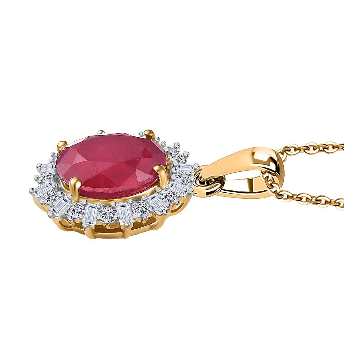 African Ruby & Lab Grown Diamond (SI-GH) Pendant with Chain (Size 20) in 18K Vermeil Yellow Gold Plated Sterling Silver 4.12 Ct.