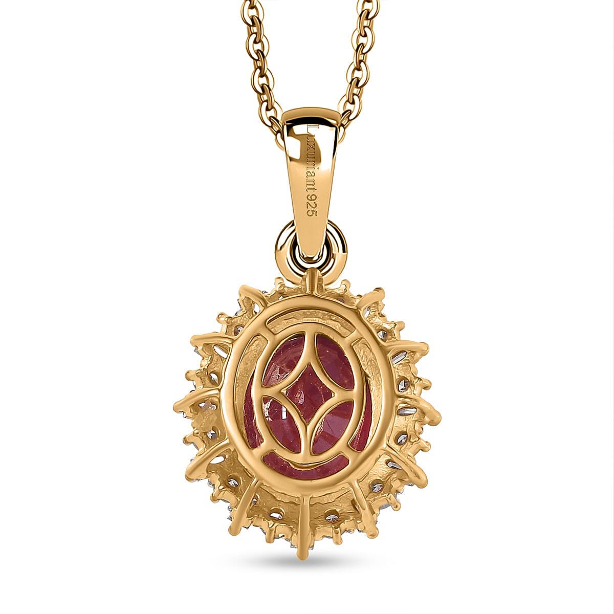 African Ruby & Lab Grown Diamond (SI-GH) Pendant with Chain (Size 20) in 18K Vermeil Yellow Gold Plated Sterling Silver 4.12 Ct.