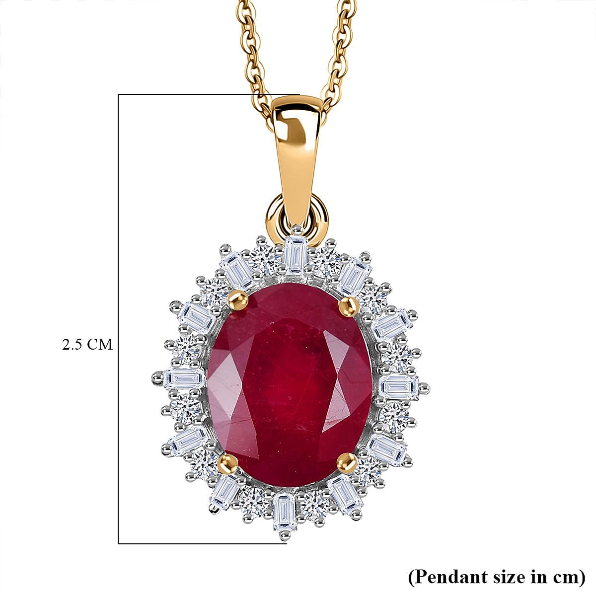 African Ruby & Lab Grown Diamond (SI-GH) Pendant with Chain (Size 20) in 18K Vermeil Yellow Gold Plated Sterling Silver 4.12 Ct.