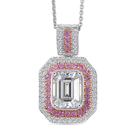 Moissanite & Pink Sapphire Pendant with Chain (Size 20) in Rhodium Overlay Sterling Silver 3.24 Ct.
