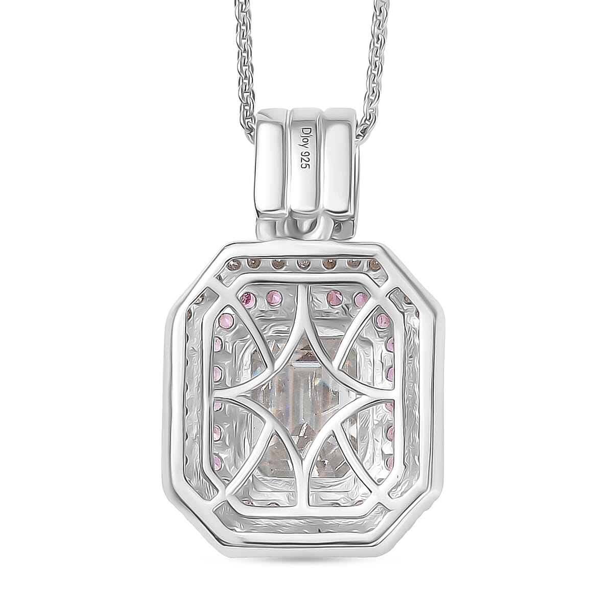 Moissanite & Pink Sapphire Pendant with Chain (Size 20) in Rhodium Overlay Sterling Silver 3.24 Ct. Moissanite & Pink Sapphire Pendant with Chain (Size 20) in Rhodium Overlay Sterling Silver 3.24 Ct.