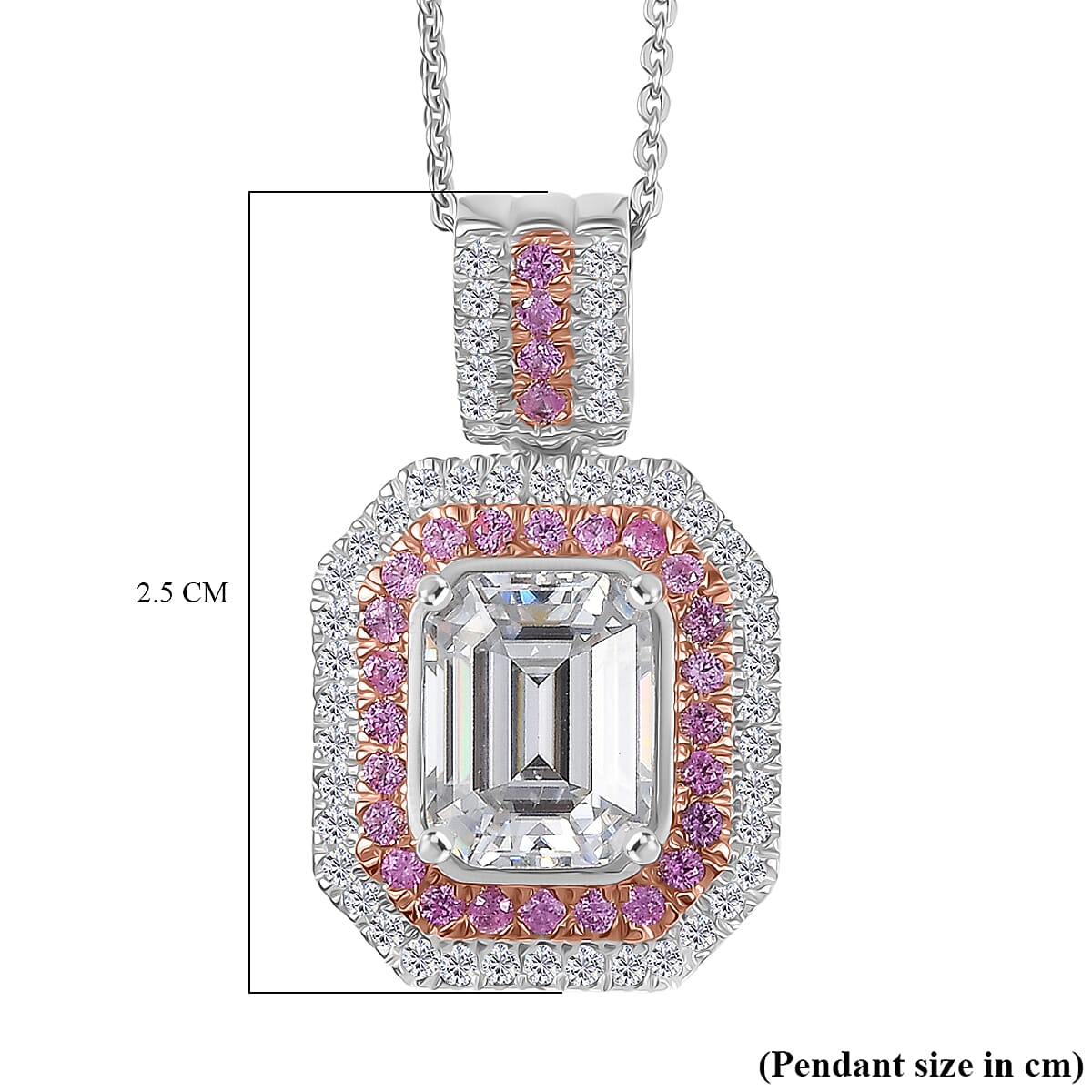 Moissanite & Pink Sapphire Pendant with Chain (Size 20) in Rhodium Overlay Sterling Silver 3.24 Ct. Moissanite & Pink Sapphire Pendant with Chain (Size 20) in Rhodium Overlay Sterling Silver 3.24 Ct.