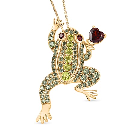 GP Italian Garden Collection - Red Garnet and Multi Gemstones Frog Pendant Cum Brooch with Chain (Size 20) in 18K Vermeil Yellow Gold Plated Sterling Silver 4 Ct.