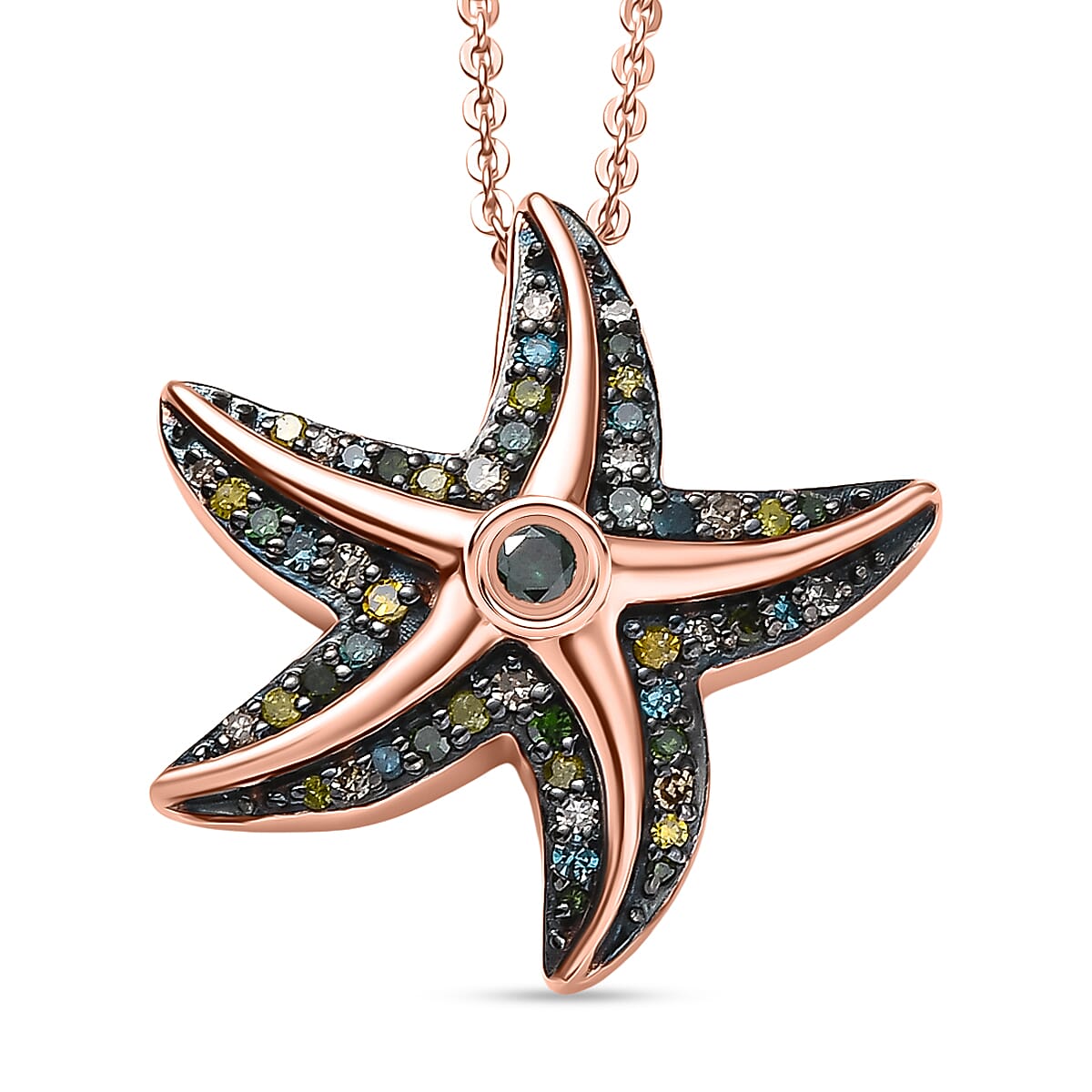 GP - Multi Diamond & Kanchanaburi Blue Sapphire Pendant with Chain (Size 20) in 18K Vermeil Rose Gold Sterling Silver 0.35 Ct.