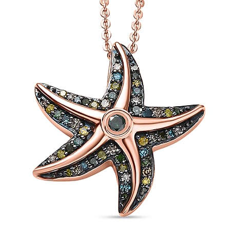 GP Sea life Collection- Blue Diamond, Kanchanaburi Blue Sapphire, Green Diamond, Yellow Diamond & Champagne Diamond Pendant with Chain (Size 20) in 18K Vermeil Rose Gold Sterling Silver 0.35 Ct.
