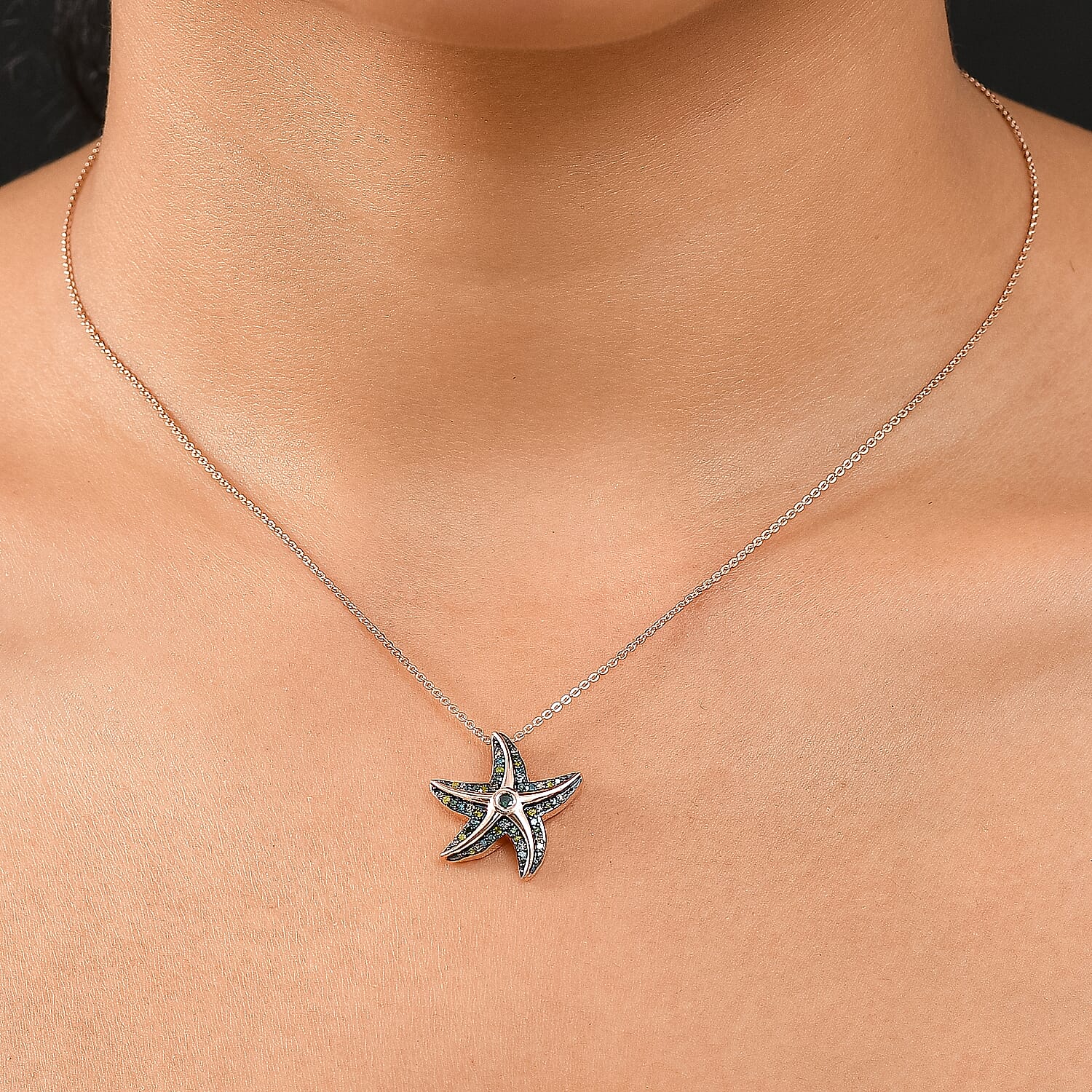 GP - Multi Diamond & Kanchanaburi Blue Sapphire Pendant with Chain (Size 20) in 18K Vermeil Rose Gold Sterling Silver 0.35 Ct.