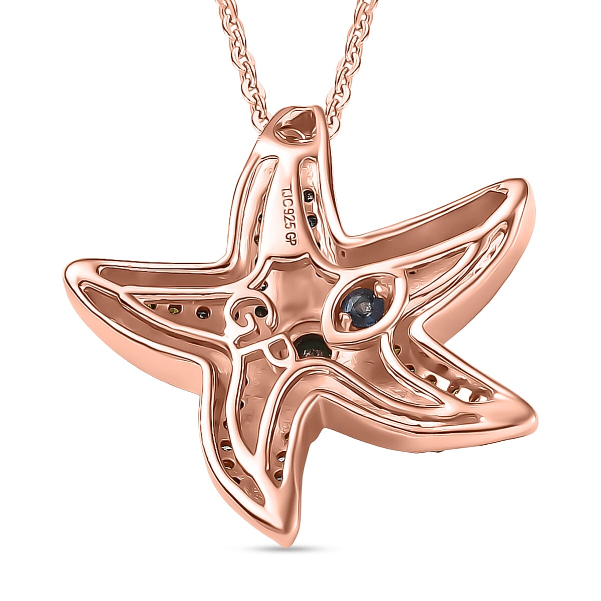 GP - Multi Diamond & Kanchanaburi Blue Sapphire Pendant with Chain (Size 20) in 18K Vermeil Rose Gold Sterling Silver 0.35 Ct.