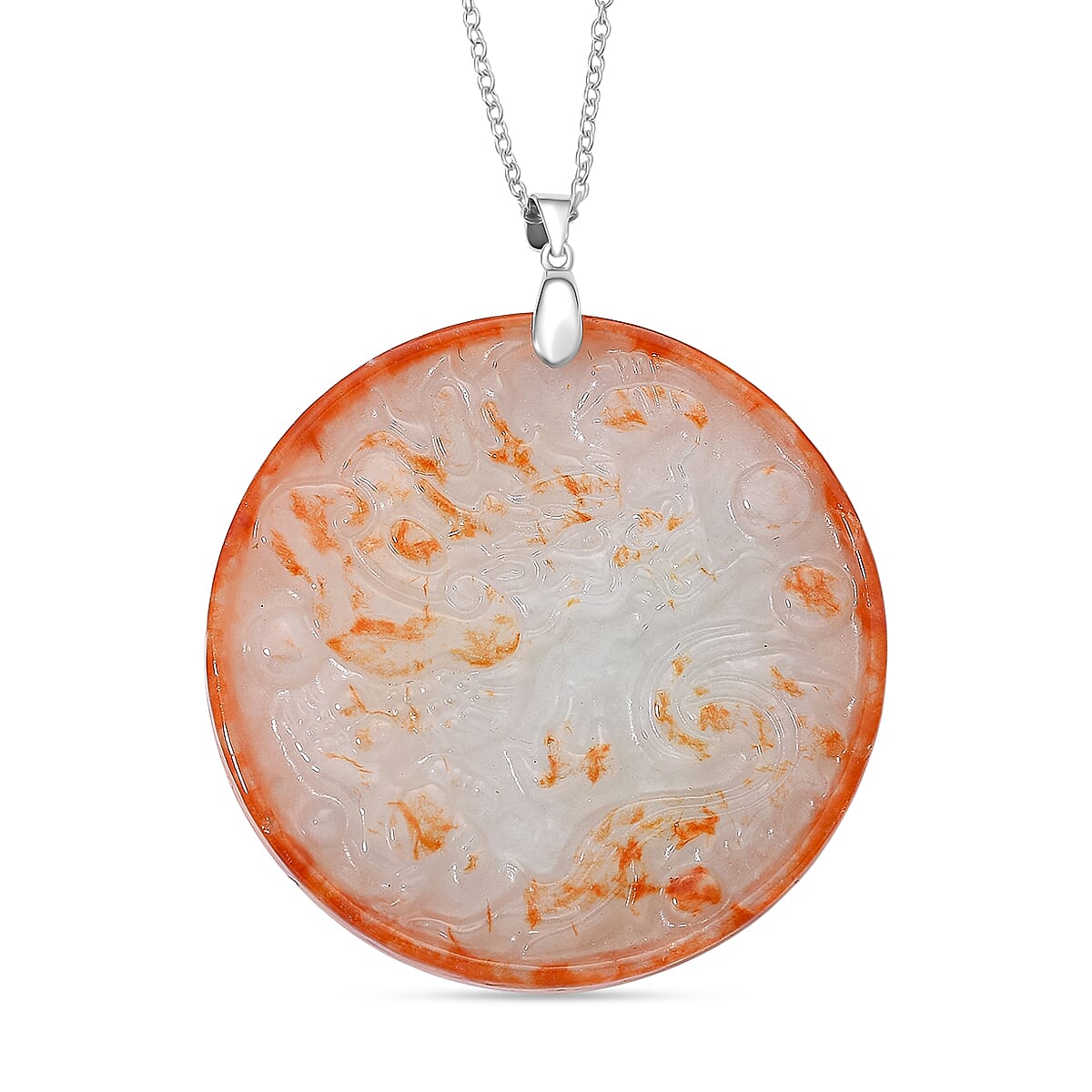 Dragon Carving Red Jade Pendant with Chain (Size 20) in Rhodium Overlay Sterling Silver 140.00 Ct.