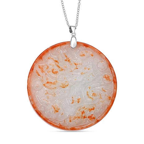 Dragon Carving Red Jade Pendant with Chain (Size 20) in Rhodium Overlay Sterling Silver 140.00 Ct.