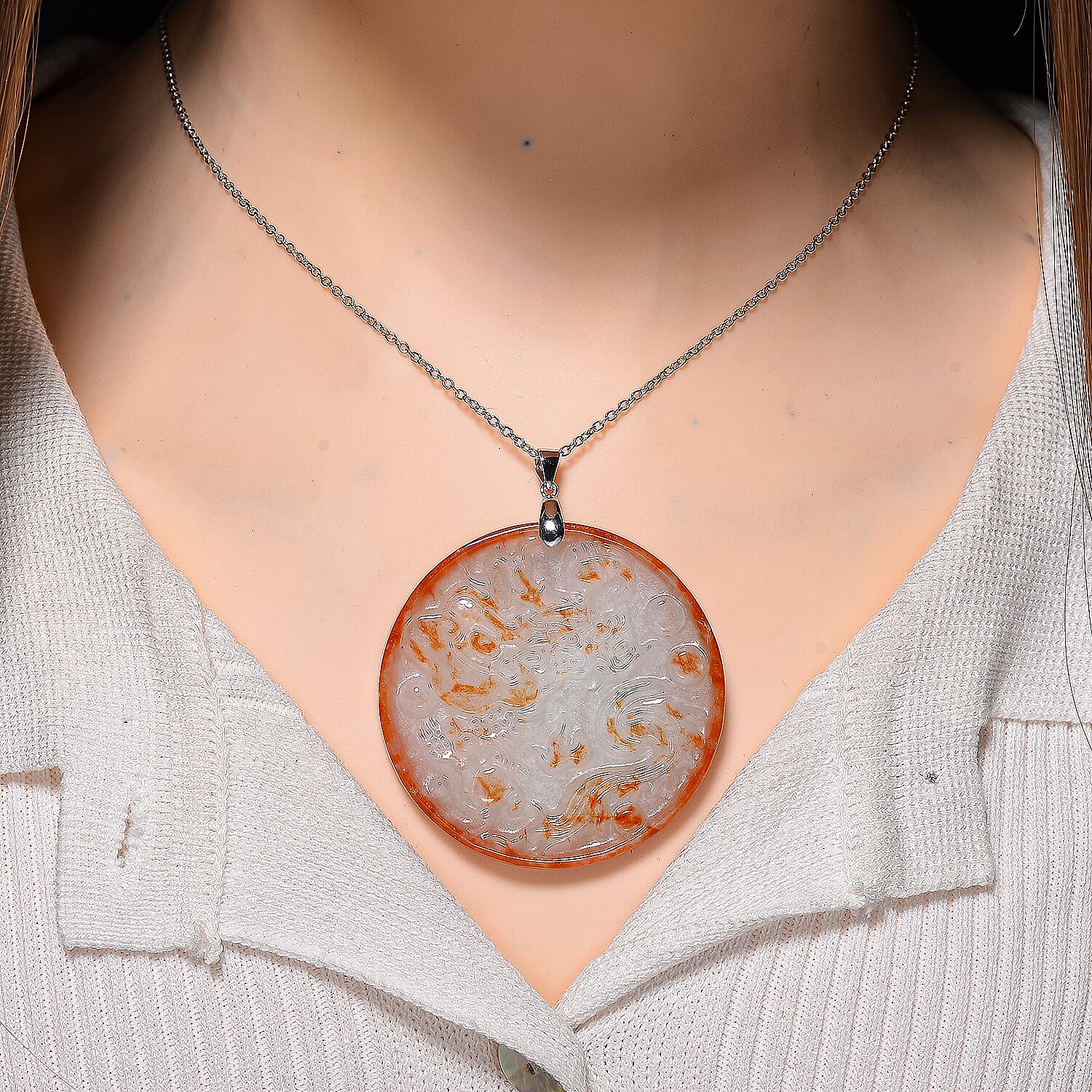 Dragon Carving Red Jade Pendant with Chain (Size 20) in Rhodium Overlay Sterling Silver 140.00 Ct.