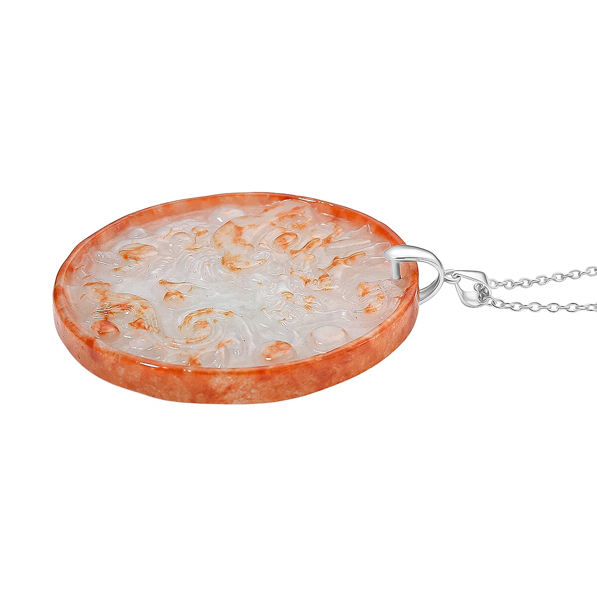 Dragon Carving Red Jade Pendant with Chain (Size 20) in Rhodium Overlay Sterling Silver 140.00 Ct.