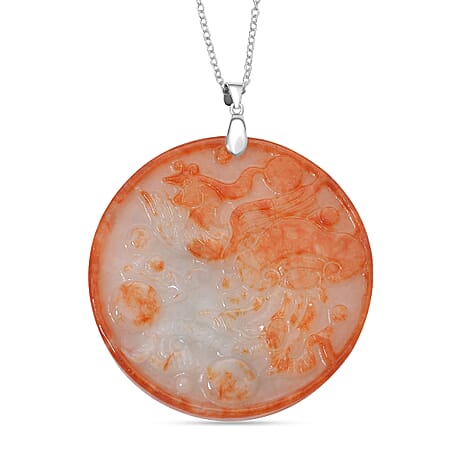 Phoenix Carving Red Jade Pendant with Chain (Size 20) in Rhodium Overlay Sterling Silver 140.00 Ct.