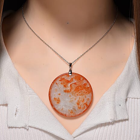 Phoenix Carving Red Jade Pendant with Chain (Size 20) in Rhodium Overlay Sterling Silver 140.00 Ct.