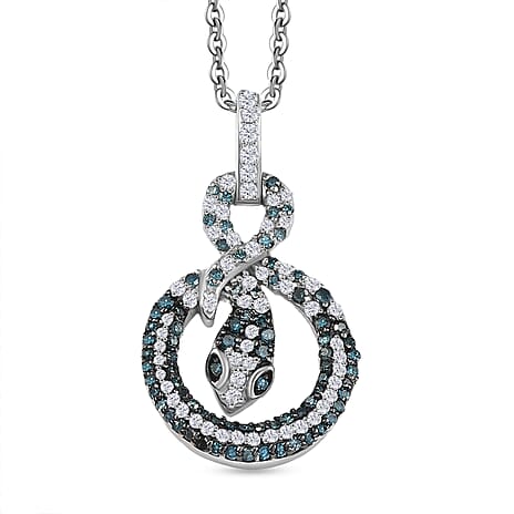 GP Serpentine Collection - White Diamond, Blue Diamond & Kanchanaburi Blue Sapphire Pendant with Chain (Size 20) in Rhodium Overlay Sterling Silver 0.57 Ct.
