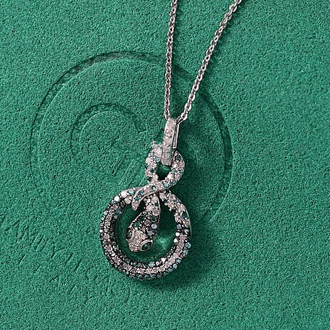 GP Serpentine Collection - White Diamond, Blue Diamond & Kanchanaburi Blue Sapphire Pendant with Chain (Size 20) in Rhodium Overlay Sterling Silver 0.57 Ct.