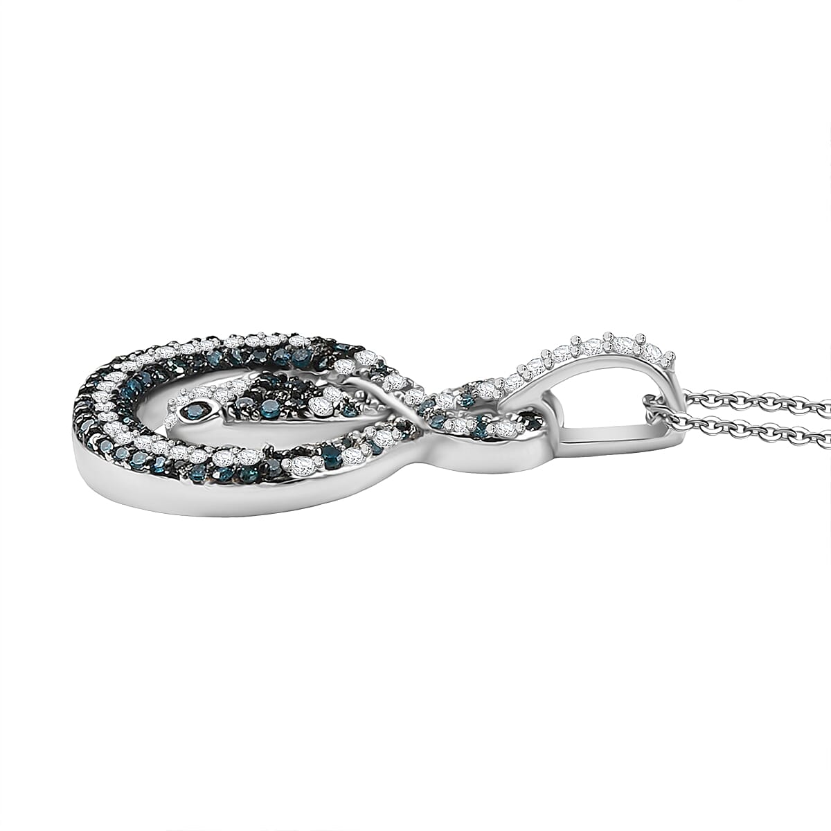 GP Serpentine Collection - White Diamond, Blue Diamond & Kanchanaburi Blue Sapphire Pendant with Chain (Size 20) in Rhodium Overlay Sterling Silver 0.57 Ct. GP Serpentine Collection - White Diamond, Blue Diamond & Kanchanaburi Blue Sapphire Pendant with Chain (Size 20) in Rhodium Overlay Sterling Silver 0.57 Ct.