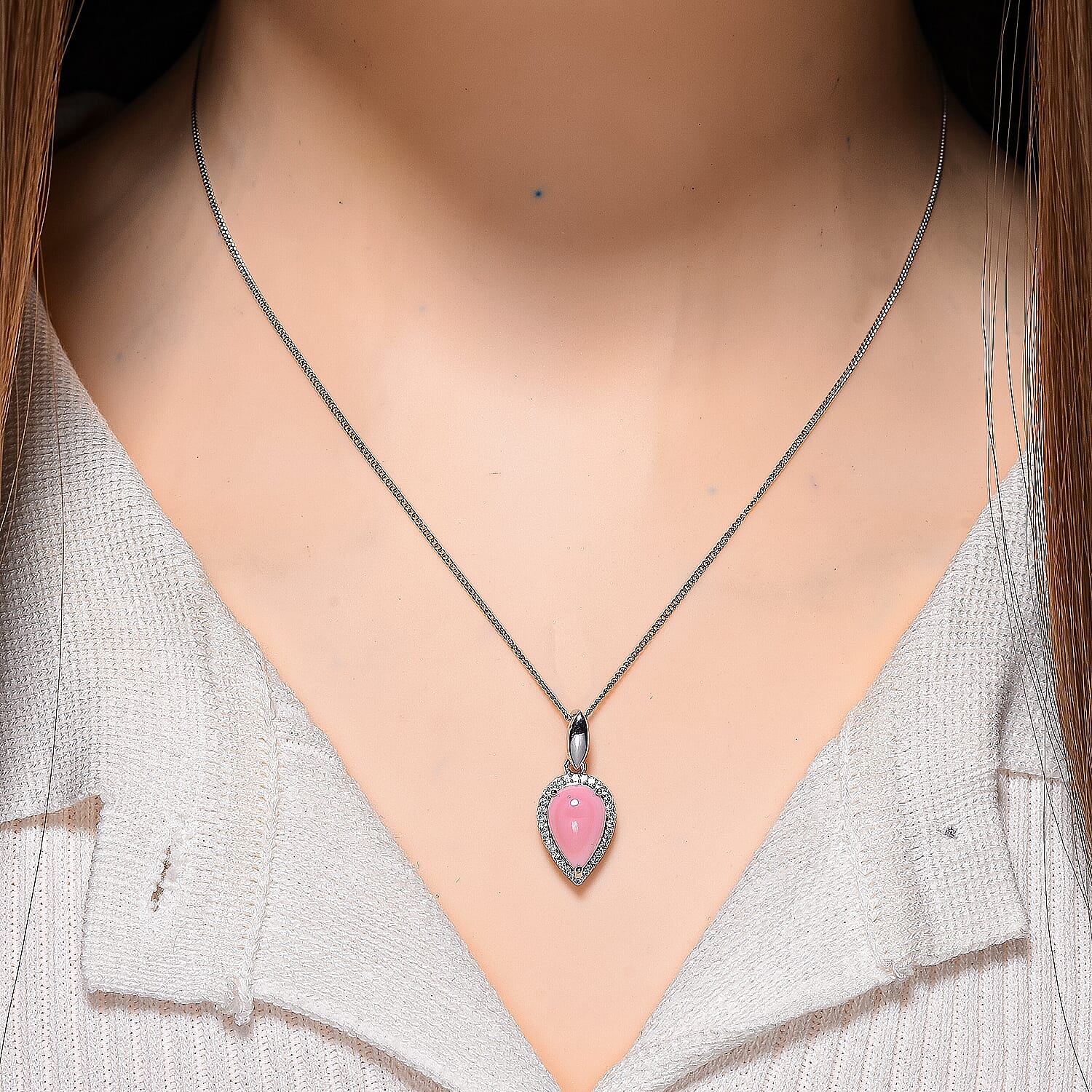 Queen Conch Shell & Moissanite Pendant with Chain (Size 18) with Lobster Clasp in Rhodium Overlay Sterling Silver 3.00 Ct, Silver Wt. 5.10 Gms.