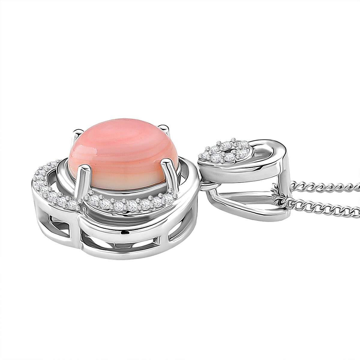 Queen Conch Shell & Moissanite Pendant with Chain (Size 18) with Lobster Clasp in Rhodium Overlay Sterling Silver 3.18 Ct, Silver Wt. 5.20 Gms.