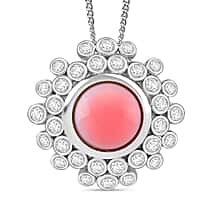 D'Joy Pink Conch Shell and White Zircon Halo Bubble Pendant with Chain (Size 18) with Lobster Clasp in Rhodium Overlay Sterling Silver 2.39 Ct.