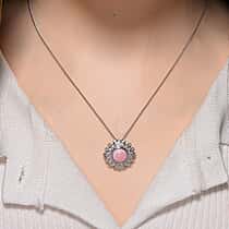 D'Joy Pink Conch Shell and White Zircon Halo Bubble Pendant with Chain (Size 18) with Lobster Clasp in Rhodium Overlay Sterling Silver 2.39 Ct.