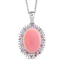 Pink Conch Shell, White Zircon and Pink Sapphire Halo Pendant with Chain (Size 18) in Rose Gold Plated Rhodium Overlay Sterling Silver 10.79 Ct