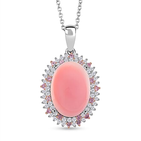 Pink Conch Shell, White Zircon and Pink Sapphire Halo Pendant with Chain (Size 18) in Rose Gold Plated Rhodium Overlay Sterling Silver 10.79 Ct